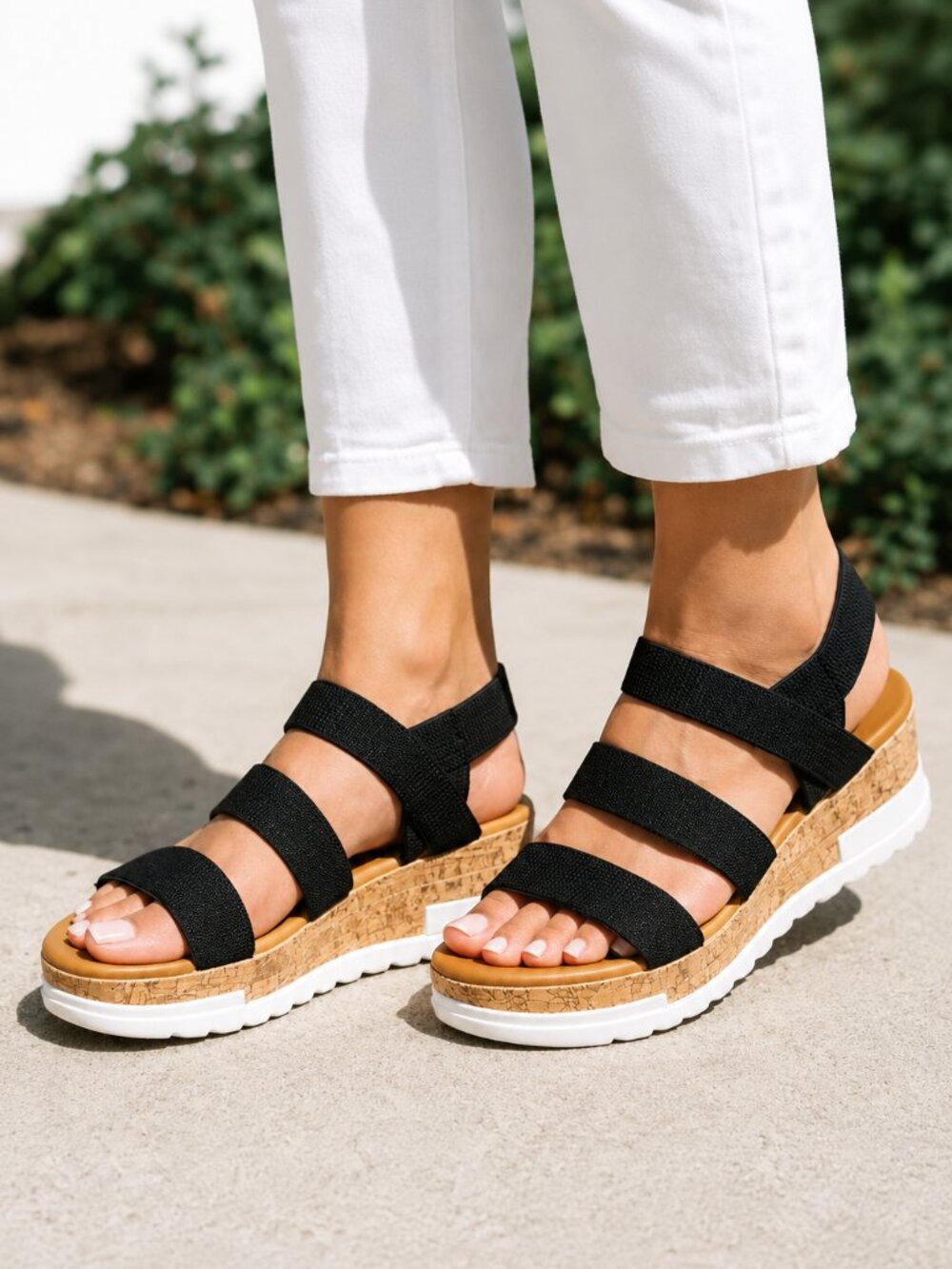 ATHLEFIT Women's Black Strappy Cork Sole Casual Comfort Platform Sandals, 6.5